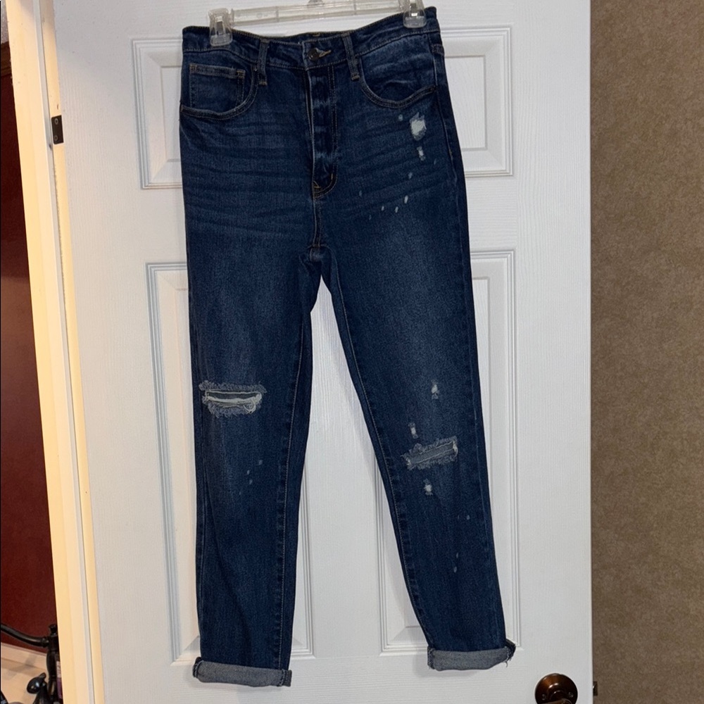 No Boundaries Blue Straight Leg Jeans with Distressed Details